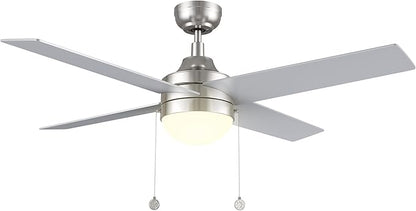 52 Inch Silver Pull Chain Ceiling Fan with Reversible DC Motor, 3-color LED Light Adjustable, 5 Speeds Quiet Reversible DC Motor, 4 Plywood Blades Modern Ceiling Fan for Living Room, Bedroom, Kitchen