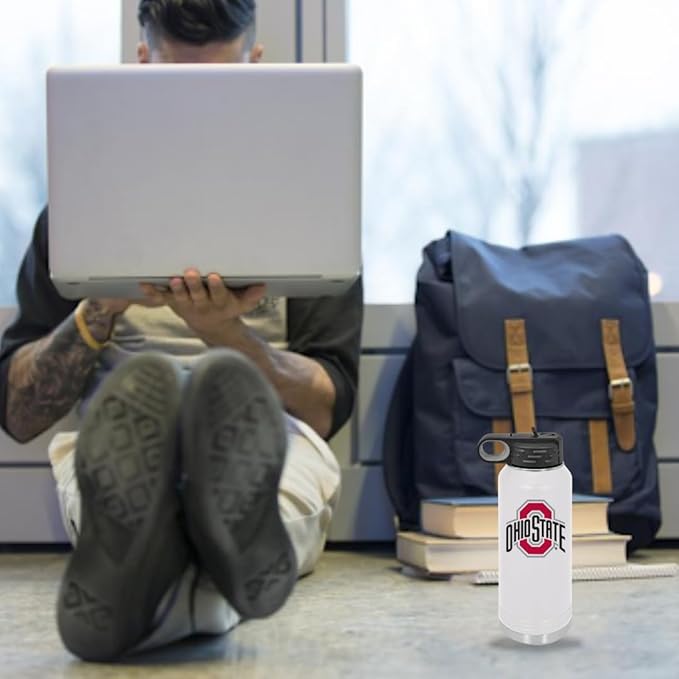 Ohio State University 32oz Stainless Steel Double Walled White Beverage Bottle with Flip Straw Spout - College Gear for Playoff Season – For Office, Home or Auto – Show your Buckeye Pride