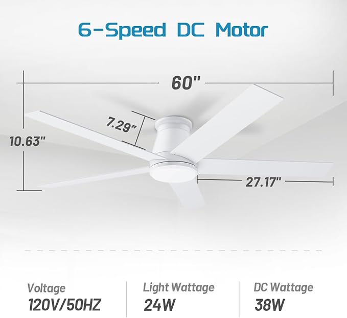 wurzee 60 inch Ceiling Fan with Light, White Flush Mount Ceiling Fan 6 Speeds DC Reversible Motor, 5 Blades, Timing, Dimmable, Memory Function for Bedroom, Kitchen, Patios