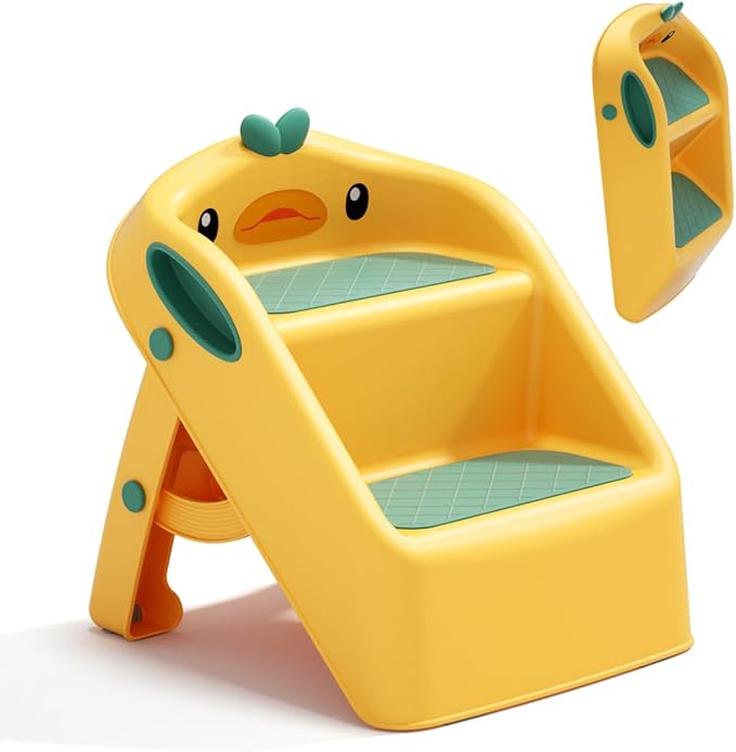 Toddler Kids Step Stool for Kitchen Bathroom Sink, Green & Yellow | Dual Height 11" Child Kid 2 Step Stool Toilet Potty Training Kitchen Helper - Foldable - Save Space, Easy to Move, Slip-Resistant