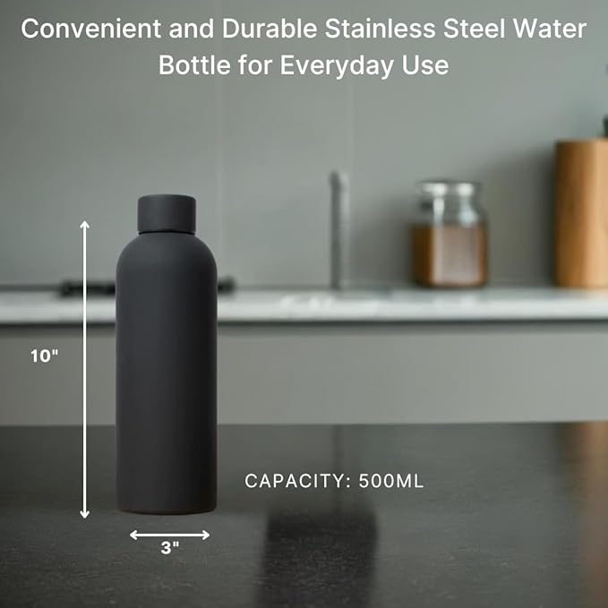 17 oz Matte Finish Stainless Steel Water Bottle | Leak Proof | Wide Mouth & Easy to Open | Easy Grip | Perfect for staying hydrated at School, College, Work, Gym (Black)