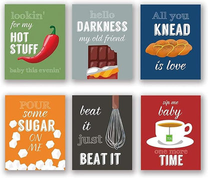 ZHAXFA Colorful Funny Kitchen Quote Art Print, Dessert Vegetables Tea with Motivational Saying Canvas Wall Art Printing For Kitchen Cofee Shop Decoration,Set of 6 (8"X10", No Frame