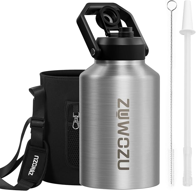 1 Gallon Water Bottle Insulated with Straw, Spout & Handle, 128oz Cne Gallon Water Jug with Carrier Bag w/Strap, Stainless Steel Big Water Bottle, Wide Mouth, Leak Proof, Large