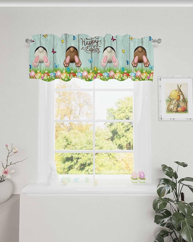 Vandarllin Spring Easter Kitchen Curtains Valances for Windows Funny Bunny Tails Rabbit Rod Pocket Window Treatment for Kitchen/Living Room/Bedroom/Bathroom, 60" X 18", Floral Farmhouse