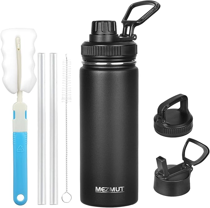 18oz Insulated Water Bottle with Straw&3 Lids Stainless Steel Water Bottles Kids Sports Metal Thermos Water Bottle Cup for School Vacuum Insulated Bottles Leak-Proof Travel Thermal (Black)