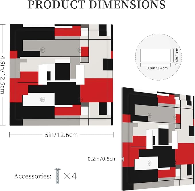 White Grey Black and Red Irregular Geometric Double Toggle Light Switch Covers 2 Gang Wall Plate Dual Decorative Switchplate Electrical Faceplate for Bathroom Country Kitchen Bedroom Decor, 4.9" x 5"