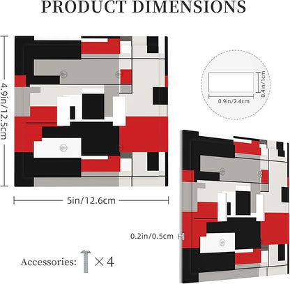 White Grey Black and Red Irregular Geometric Double Toggle Light Switch Covers 2 Gang Wall Plate Dual Decorative Switchplate Electrical Faceplate for Bathroom Country Kitchen Bedroom Decor, 4.9" x 5"