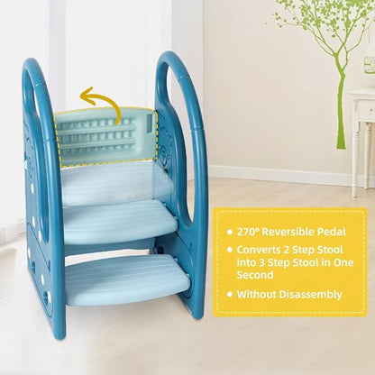 Toddler Step Stool Chair Onasti Kids 3 Step Standing Tower for Toddlers Plastic Learning Helper Stool for Kitchen Counter Bathroom Sink Toilet Potty Training with Handles and Non-Slip Pads-Blue