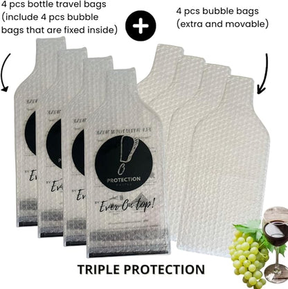 [TRIPLE PROTECTION] 4 Set (8 pcs) Reusable Wine Bottle Travel Protector Bags - Unbreakable Wine Bags for Travel, Wine Protector bags for Travel Double Layer Wine Bubble Bag for Travel