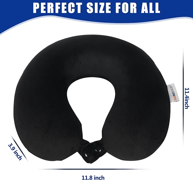 SAIREIDER Travel Pillow 100% Pure Memory Foam Travel Neck Pillow, Airplane Pillow for Traveling、Car、Home、Office，Washable Cover（Black）