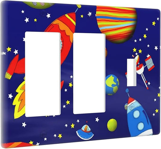 Space Astronaut Combo 2 Rocker 1 Toggle Light Switch Wall Plate Cover Decorative 3-Gang for Electrical Outlets Boys Kids Room Bathroom Bedroom Home Kitchen Two Decora Receptacle 4.5" x 6.38"