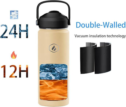 22 OZ Insulated Water Bottle with Straw,Sports Water Bottle Stainless Steel Wide Mouth Bottle for Home,Gym,Travel Outdoor,Beige