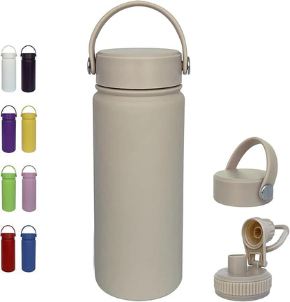 18oz Insulated Water Bottle ，Stainless Steel Sports Water Cup Flask with 2 Lids, Wide Mouth Travel Thermal Mug,Outdoor Sports Bottle（Cream apricot）