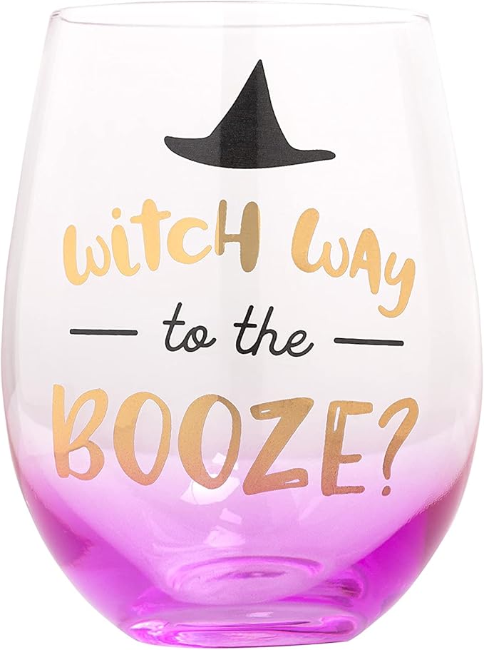 Pearhead Witch Way to the Booze Wine Glass, Fall Holiday Home Accessories, Halloween Stemless Wine Glass, 15 oz