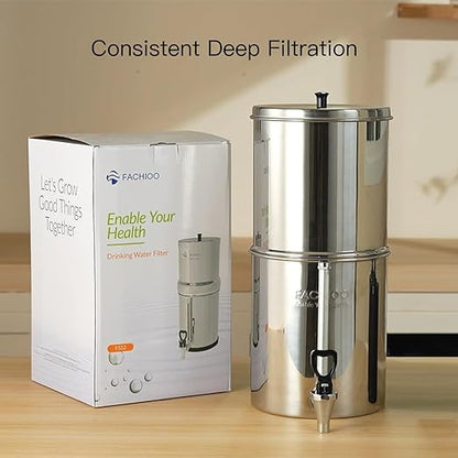 2.25G Gravity Water Filter System, NSF/ANSI 42 Certified, with 2 Black Carbon Filters and Stainless Steel Spigot, Reduce Chlorine, for Home, Camping, RVing, Off-Grid, Emergencies