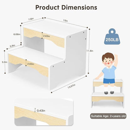 Wooden Toddler Step Stool, 2 Step Stool for Kids Bathroom Sink, White Potty Step Stool for Kids, Child Stepping Stool for Kitchen Nursery Bedroom Dual Height, Sturdy Non Slip for Adult Kids