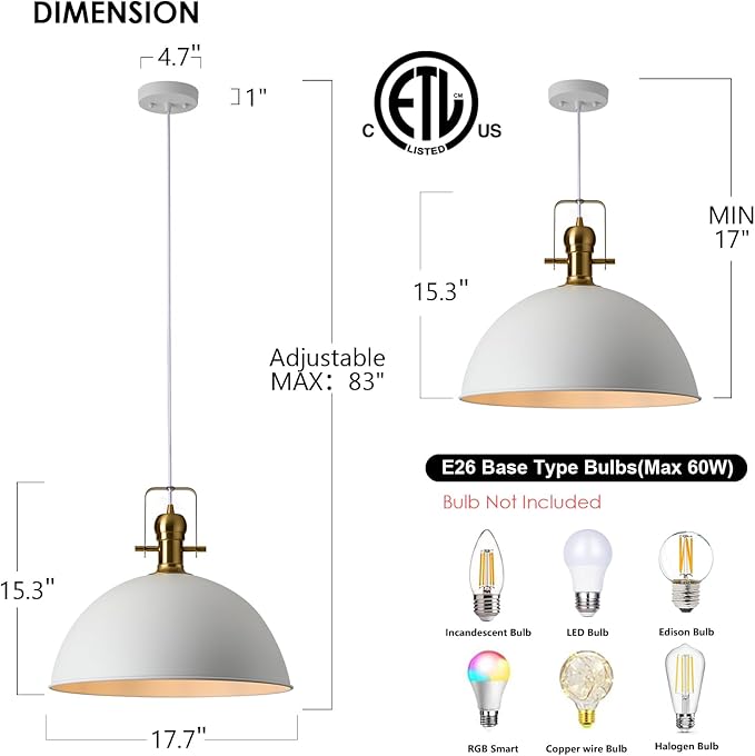 18 Inch White Farmhouse Pendant Lights Large Pendant Lights for Kitchen Island Industrial Adjustable Height Vintage Big Dome Hanging Light Fixtures for Barn, Dining Room