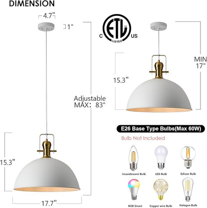 18 Inch White Farmhouse Pendant Lights Large Pendant Lights for Kitchen Island Industrial Adjustable Height Vintage Big Dome Hanging Light Fixtures for Barn, Dining Room