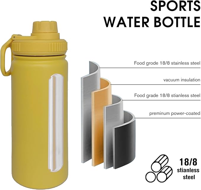 18oz Insulated Water Bottle ，Stainless Steel Sports Water Cup Flask with 2 Lids, Wide Mouth Travel Thermal Mug,Outdoor Sports Bottle（Mango yellow）