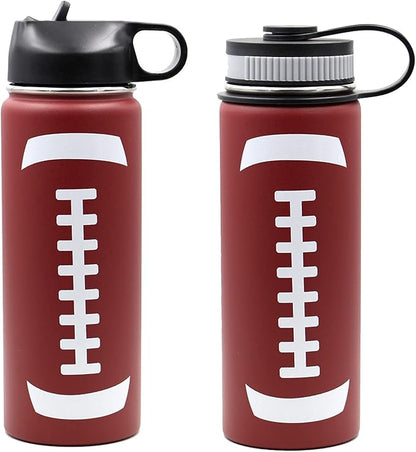 18 oz Football Water Bottle, Flask Sports with 2 Lids 18/8 Stainless Steel Tumbler Double Wall Vacuum Insulated Canteen Keep Beverages Hot/Cold (18oz, Football)