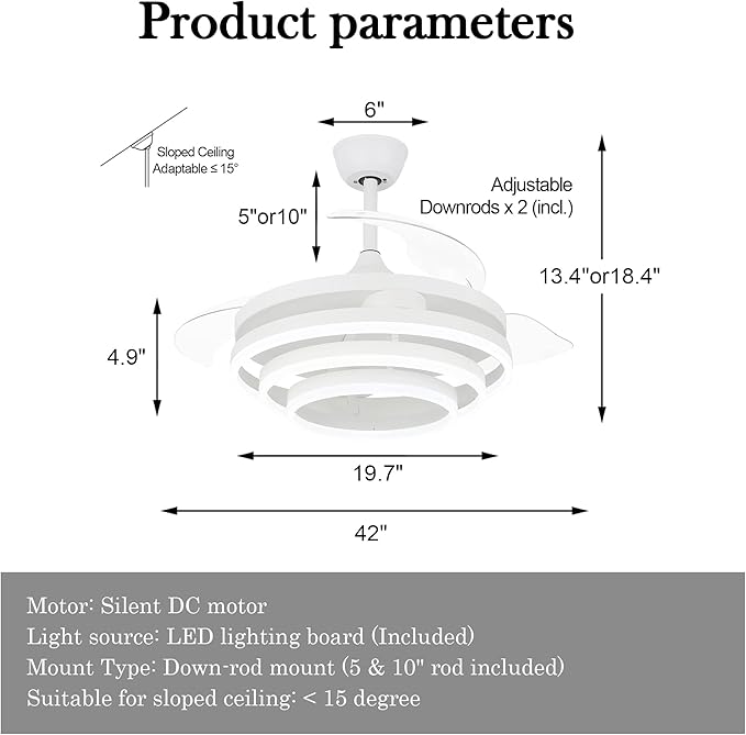 42" Retractable Ceiling Fan with Lights & Remote - Silent DC Motor Modern Ceiling Fan - 6 Speed LED Fan for Bedroom Living Room Kitchen