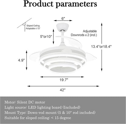 42" Retractable Ceiling Fan with Lights & Remote - Silent DC Motor Modern Ceiling Fan - 6 Speed LED Fan for Bedroom Living Room Kitchen