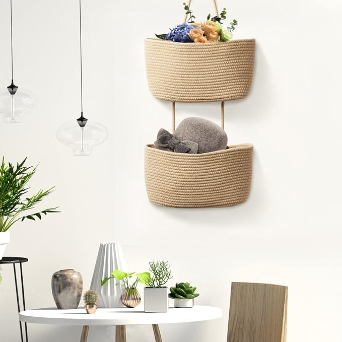 TeoKJ Over the Door Hanging Basket, 2-Tier Woven Cotton Wall-Mounted Storage Organizer Bag Decorative Hanging Kitchen Baskets - Jute