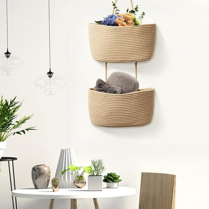 TeoKJ Over the Door Hanging Basket, 2-Tier Woven Cotton Wall-Mounted Storage Organizer Bag Decorative Hanging Kitchen Baskets - Jute