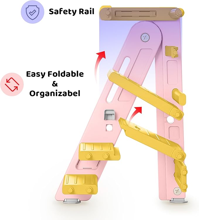 UNCLE WU Foldabel Toddler Tower, Safety Rail, 2-3 Step Adjustable Ladder- Heavy Duty Safety Toddler Step Stool for Bathroom Sink & Kitchen Stool -Ages 18 Months to 4 Years （Pink）