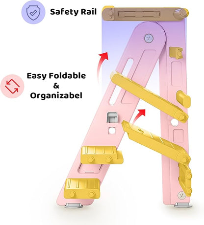 UNCLE WU Foldabel Toddler Tower, Safety Rail, 2-3 Step Adjustable Ladder- Heavy Duty Safety Toddler Step Stool for Bathroom Sink & Kitchen Stool -Ages 18 Months to 4 Years （Pink）