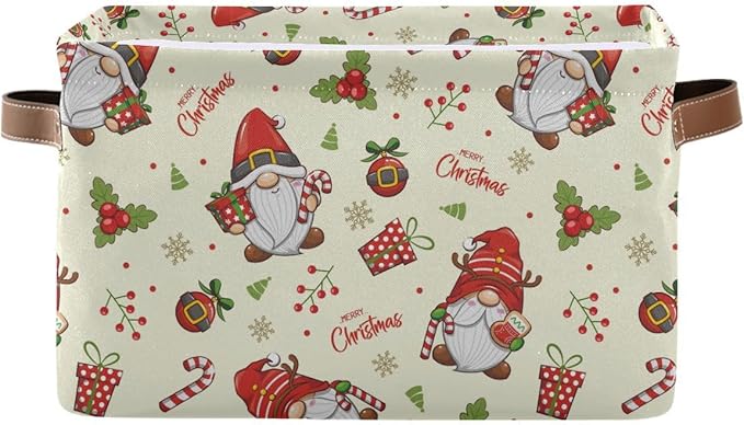 Merry Christmas Gnomes Storage Basket Fabric Kitchen Baskets Winter Candy Cane Bells Xmas Open Home Storage Bins Boxes Foldable Organizer Bag for Toy Book Shelf Closet Baskets 16×12×8 Inches