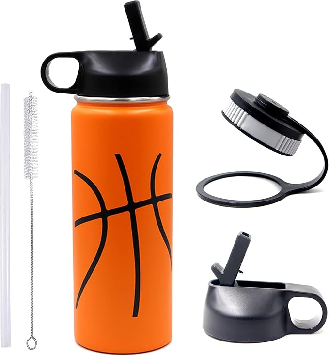 18 oz Basketball Water Bottle, Sports Canteen Metal Travel Tumbler with 2 Lids 18/8 Stainless Steel Double Wall Vacuum Insulated Water Bottles (18oz, Basketball)