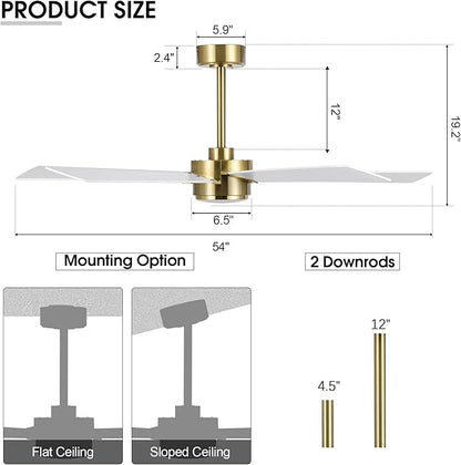 54" Ceiling Fan with Light and Remote Control, Modern Dimmable LED Light, 6-Speed Noiseless Reversible DC Motor, 5 Plywood Ceiling Fan for Kitchen Bedroom Living Room White/Gold