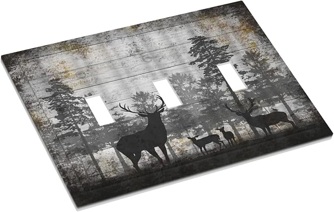 Rustic Deer Forest Vintage Wood Board 3 Gang Boho Light Switch Covers Decorative Country Unique Triple Toggle Wall Plate Electrical Faceplate Switchplate for Farmhouse Bedroom Home Decor