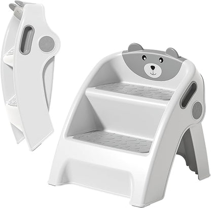 UNCLE WU Step Stool for Kids, Foldable Anti-Slip 2-Step, Lightweight, Safety Handles - Toilet Potty Training, Toddler Ladder Bathroom Sink,Kitchen Counter Stool Helper (Gray White) Small