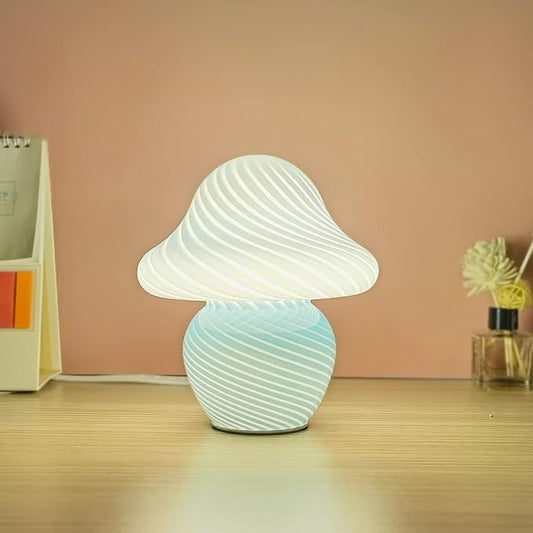 Mushroom Lamp, Small Table Lamp with Sea Blue Striped Glass, Cute Little Swirl Navy Blue Nightstand Lamp for Bedroom Bedside Dorm Living Kitchen, Modern Aesthetic Lamp for Home Decor Gift