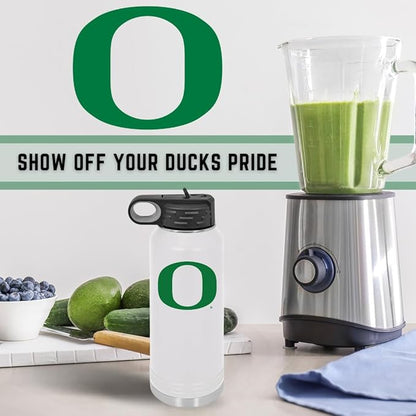 University of Oregon 32oz Stainless Steel Double Walled White Beverage Bottle with Flip Straw Spout - College Gear for Playoff Season – For Office, Home or Auto – Show your Ducks Pride