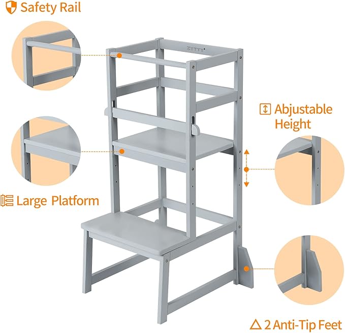 Toddler Step Stool Toddler Kitchen Stool, Adjustable-Height Toddler Tower Stool Kitchen Wooden Helper Step Stools for Kids, Grey…