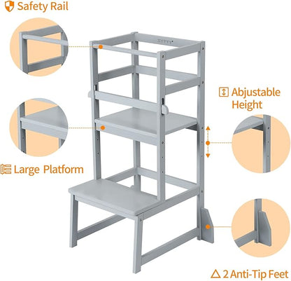 Toddler Step Stool Toddler Kitchen Stool, Adjustable-Height Toddler Tower Stool Kitchen Wooden Helper Step Stools for Kids, Grey…