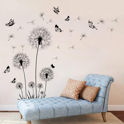 Runtoo Black Dandelion Wall Decals Flower Butterfly Wall Stickers for Living Room Bedroom Home Decoration Wall Décor