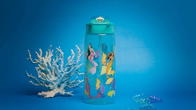 Zak Designs Disney The Little Mermaid 2023 Kids Water Bottle For School or Travel, 25oz, Durable Plastic, with Pop-Up Antimicrobial Spout and Cover, Handle, and Leak-Proof (Ariel and Sisters)