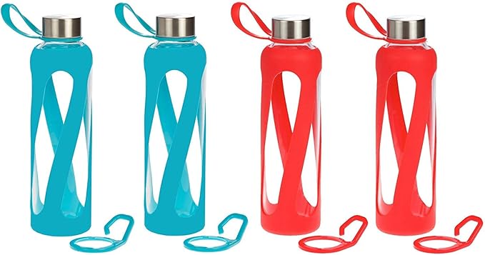 1, 2, 3, 4- PACKS - 20 oz Leak Proof, Reusable Pure Borosilicate Tempered Glass Water Bottle, Non-Slip Silicone Sleeve, 2 Attachments: Loop and Hook, Free of BPA, BPS, BPF, PVC, Phthalates