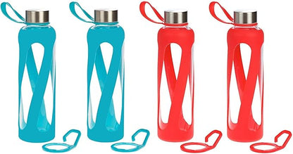 1, 2, 3, 4- PACKS - 20 oz Leak Proof, Reusable Pure Borosilicate Tempered Glass Water Bottle, Non-Slip Silicone Sleeve, 2 Attachments: Loop and Hook, Free of BPA, BPS, BPF, PVC, Phthalates