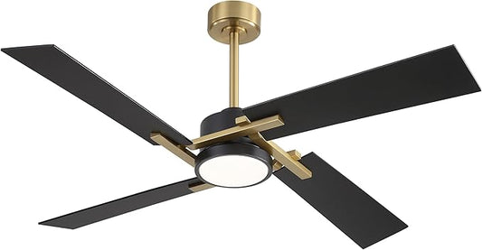 WINGBO 56 Inch DC Ceiling Fan with Lights and Remote, 4 Plywood Blades, 6-Speed Reversible DC Motor, Dimmable, 3CCT, Farmhouse Ceiling Fan for Bedroom Living Room Kitchen, Brass and Black