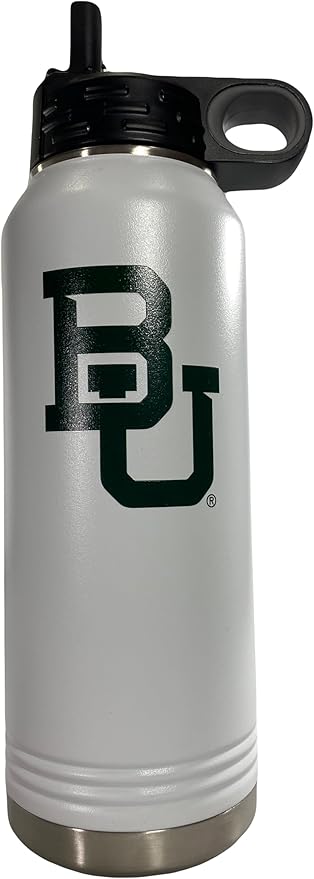 Baylor University Bears 32oz Stainless Steel Double Walled White Beverage Bottle with Flip Straw Spout – College Gear for Playoff Season – For Office, Home or Auto – Show your Baylor Pride