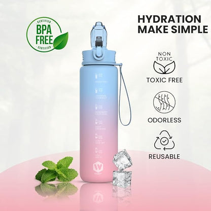 1L Water Bottle with Straw - Leak-Proof & BPA Free Reusable Sports Bottle - Motivational Time Markings for Hydration Durable Drink Bottle for Gym, Sports, Outdoor (Blue and Pink)