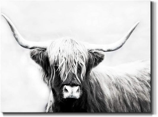 Renditions Gallery Canvas Animal Wall Art Home Paintings & Prints Highland Longhorn Cow Modern Black & White Glam Horror Artwork Decorations for Bedroom Office Kitchen - 24"x36" LT33