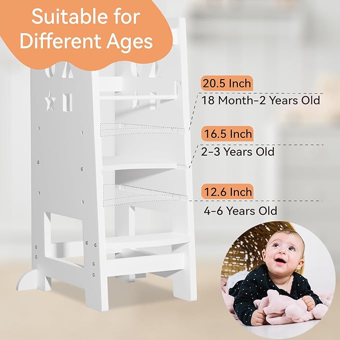 Toddler Kitchen Stool Helper, Kitchen Step Stool for Kids with Safe Rail, Baby Adjustable Learning Standing Tower for Kitchen Counter & Bathroom Sink(White)