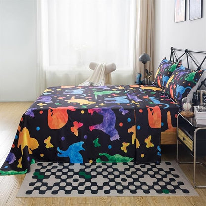 qjmiaofang Cat Sheets Queen Multi Color Sheet Set Candy Cat Fitted Sheet Cute Black Cat Bedding Set for Kids 4Pcs Colorful Butterfly Printed Bed Set for Home 1 Fitted Sheet 1 Flat Sheet 2 Pillowcases