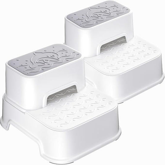 Two Step Stool for Kids(2 Packs), Anti-Slip Sturdy Toddler Two Step Stool for Bathroom, Kitchen and Toilet Potty Training (White)